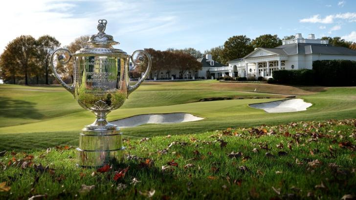 The US PGA Championship trophy being held at Quail Hollow